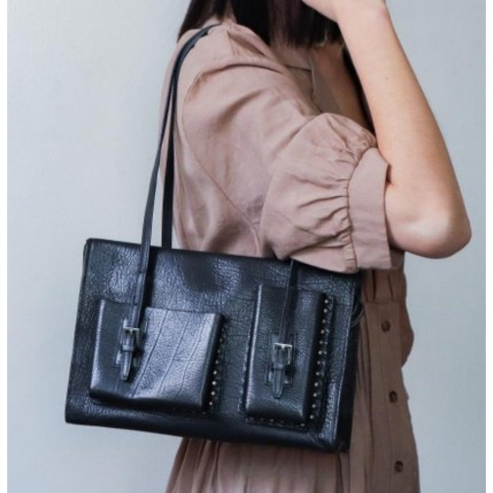 Vintage Bally Black Leather Shoulder‎ Tote Bag Studded Buckle Detail